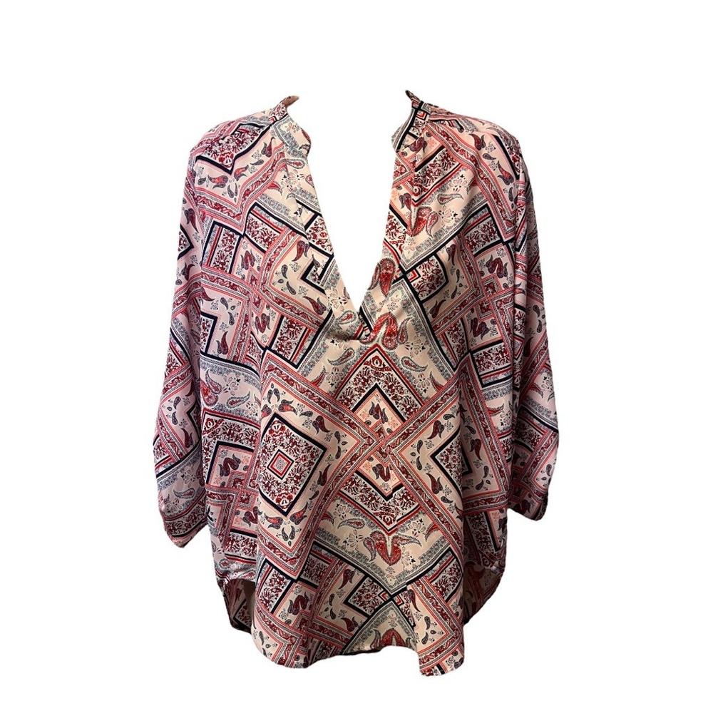 Lush‎ Tunic Top M Multicolor Paisley 3/4 Sleeve Roll Tab V-Neck Boho Chic Fall